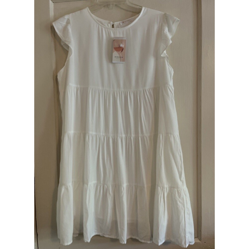 Kirundo Summer Dress Women’s L White Pleated Tiers Short Sleeve Lined Party